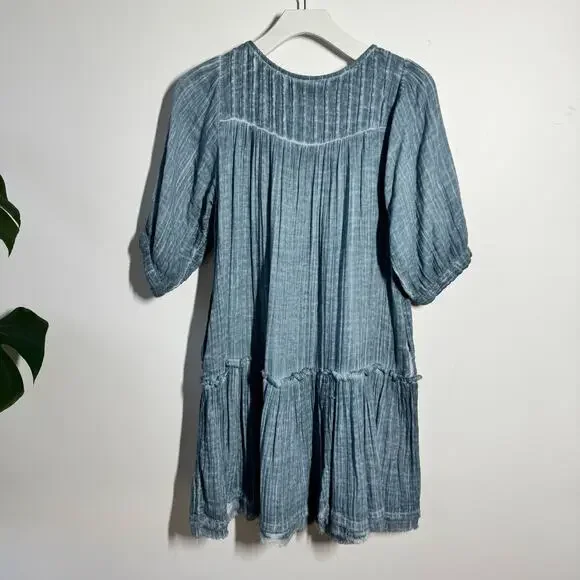 Natural Life Gauze Mini Dress Women S Blue Cotton Minimal Cottage Puff Sleeve - Picture 2 of 8